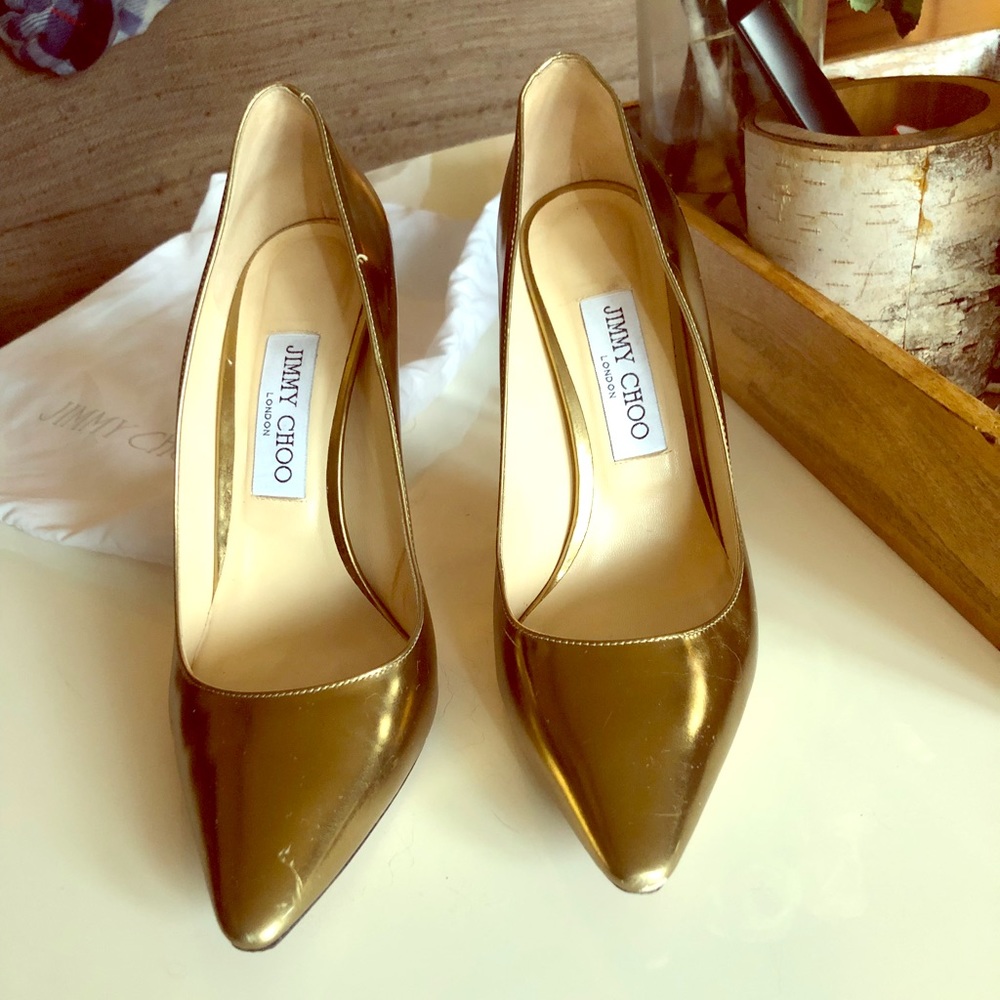 Jimmy Choo gold metallic leather pointed toe pumps